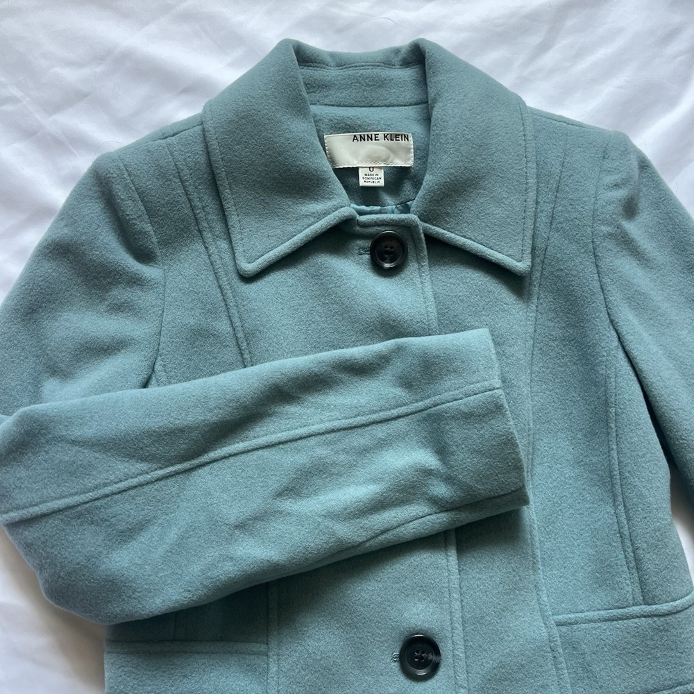 Anne Klein Seafoam Blue Full Length Cashmere Wool Blend Collar Coat Size 0 - Picture 2 of 16
